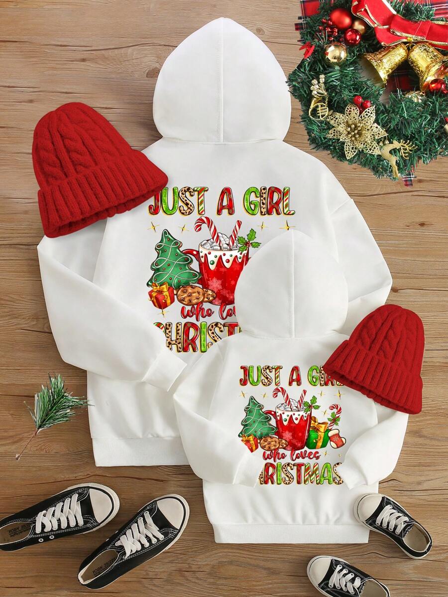 SHEIN 1 pieza Sudadera con capucha blanca con gráfico de lema de árbol de Navidad para mujer, regalo de Navidad para fiesta de Navidad, otoño - Blanco - Ver 1