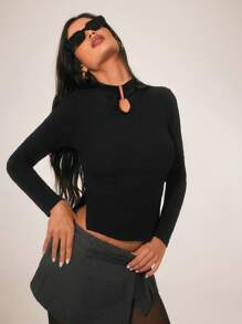 SHEIN Unity Women's Solid Color Keyhole Neck Crop Long Sleeve Top, Autumn,Turtleneck - Black - View 1