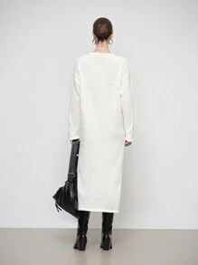 SHEIN LUNE V 领宽松开衩优雅长袖毛衣连衣裙 - 米色 - 查看 2