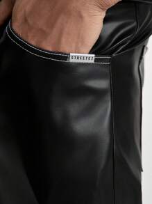 Manfinity RebelGame Men's Loose Straight Leg Brazilian Leather Pants, Going Out Plain Baggy Slacks Black Pants, For Husband, Boyfriend Gifts - Black - View 4