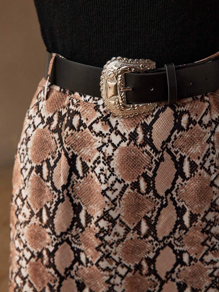 SNAKESKIN PRINT MERMAID HEM SKIRT WITH BELT