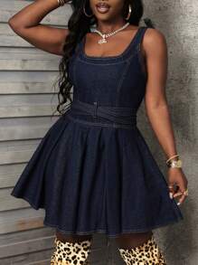 SHEIN Slayr 女士夏季无袖系肩交叉腰休闲牛仔连衣裙 - 深色水洗藍 - 查看 5