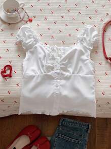 SHEIN EZwear 白色嬰娃短袖襯衫，前部鈕扣和褶皺搭邊，夏季穿著 - 白色 - 查看 7