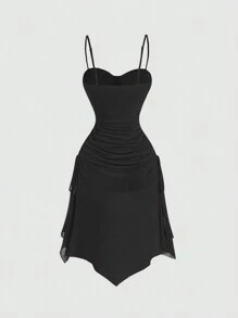 SHEIN MOD 女士褶饰黑色吊带连衣裙、优雅连衣裙、海盗连衣裙、女巫连衣裙、黑色返校节连衣裙、优雅女士连衣裙、仙女服装连衣裙 - 黑色 - 查看 6