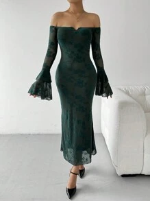 SHEIN Privé 1pc Off-Shoulder Flare Sleeve Flocked Fishtail Dress