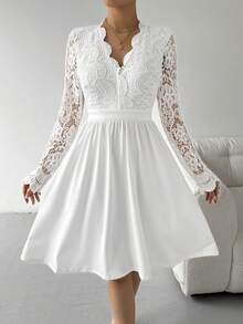 SHEIN Privé Women's Elegant Lace Patchwork Backless Long Sleeve Dress, White Dress - White - View 3