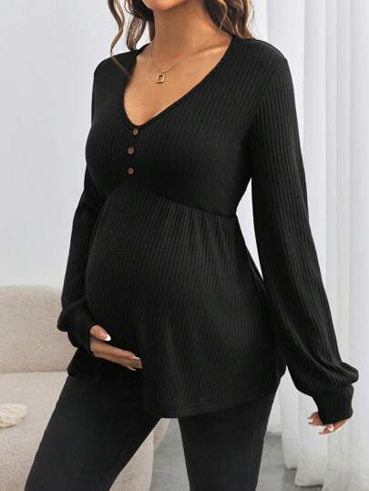 SHEIN Maternity V-Neck Button-Down Long Sleeve Loose Fit Pregnancy T-Shirt