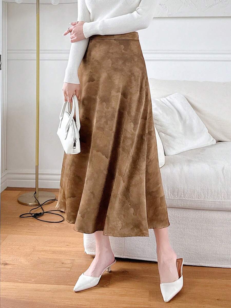 DAZY Chân váy satin nhuộm tie-dye dành cho nữ, thanh lịch - màu nâu - Xem 1