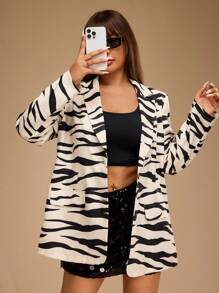 Forever 21 大码女式斑马纹立领长袖休闲西装外套，秋季 - 駝色 - 查看 9