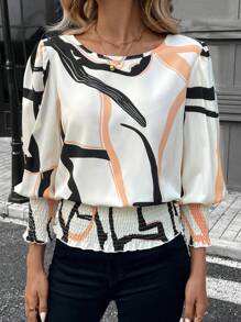 SHEIN LUNE 女士复古豹纹印花休闲/办公衬衫，圆领，褶皱饰边 - 彩色 - 查看 2