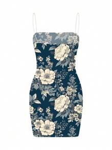 Pati Paints Artist Women's Slim-Fit Floral Print Spaghetti Strap Cami Midi Dress, Vacation Wear, Mature Style, For Thanksgiving - Multicolor - View 2