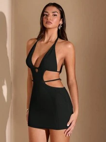 SHEIN BAE Halterneck Knit Mini Dress In White&Crochet Bikini&Sexy Outfits&Beach Women Outfits&Boho&Summer Women Dresses - Black - View 7