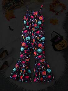 Girl's All-In-One Jumpsuit With Glow-In-The-Dark Pumpkin Print, Suitable For Halloween Party, Fashionable And Casual, Spring/Fall/Winter - Multicolor - View 1
