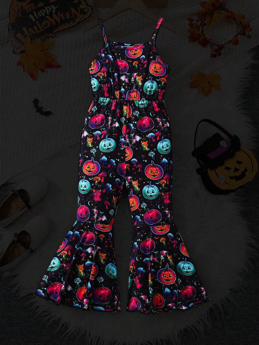 Girl's All-In-One Jumpsuit With Glow-In-The-Dark Pumpkin Print, Suitable For Halloween Party, Fashionable And Casual, Spring/Fall/Winter - Multicolor - View 1