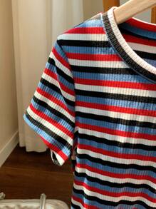 Comfortcana 彩色条纹针织修身女式圆领短袖T恤 - 彩色 - 查看 4