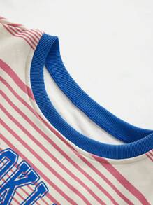 SHEIN 休闲风格女孩秋装条纹运动衫青少年长袖撞色设计适合日常搭配、城市街头风格、户外 - 紅白色 - 查看 6