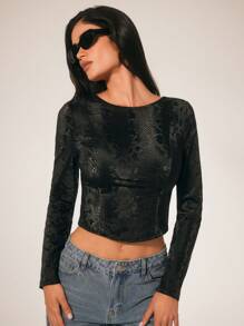 SURIMA Women's Solid Scoop Neck Backless Long Sleeve Blouse
