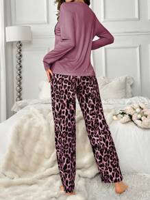 Women Leopard Print Pocket Long Sleeve Top And Pants Pajama Set, Casual