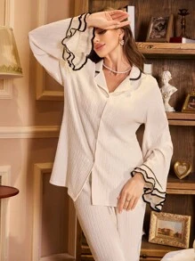 PalaceNights Contrast Ruffle Textured Lapel Flare Sleeve Pajama Set