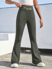 SHEIN Tween Girls Casual Y2K Butterfly Rhinestone Embellished Pants - Army Green - View 5