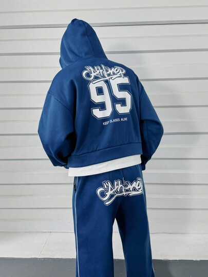 Manfinity VCAY Conjunto casual de sudadera con capucha de manga larga y pantalón de chándal con estampado de letras y números para hombre, para otoño e invierno