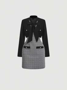 SHEIN MOD Elegante conjunto casual de traje de oficina: vestido y chaqueta, conjunto de dos piezas para otoño, chaquetas de mujer para otoño, vestimenta casual de negocios para mujer, vestido formal, conjunto de dos piezas para mujer sexy de oficina, atuendo de estilo "vieja riqueza" para maestras