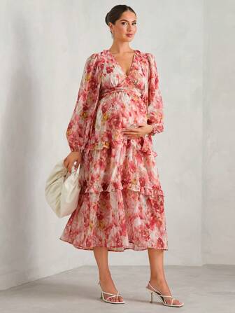 MaterniChic Vestido de manga farol con cuello en V profundo y dobladillo con volantes para mujeres embarazadas, con cintura ceñida, perfecto para vacaciones y fiestas