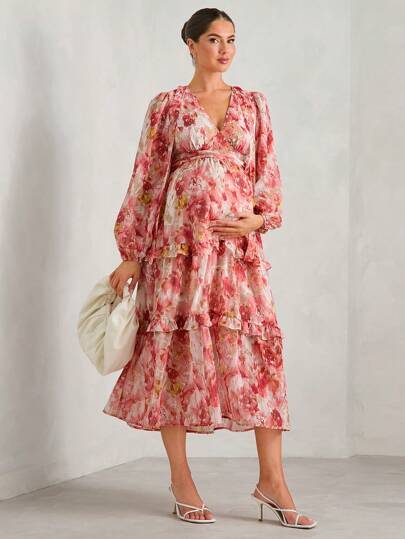 MaterniChic Vestido de manga farol con cuello en V profundo y dobladillo con volantes para mujeres embarazadas, con cintura ceñida, perfecto para vacaciones y fiestas