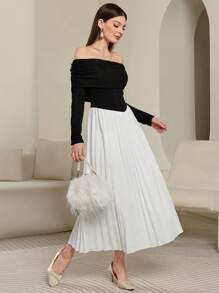 Modelyn Women's Long Knitted Pleated Off-Shoulder Waist Gathers Dress, Elegant And Feminine Long Evening Dresses - Black and White - View 1