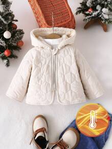 Baby Girl Winter Thick Hooded Jacket, Warm Plus Fleece Thick , Hexagon Stitching, Bow Embroidery Design, Casual Outdoor Wear - Apricot - View 3