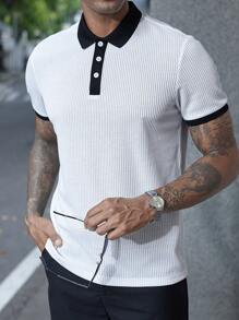 Manfinity Homme Men's Casual Business Style Waffle Contrast Trim Polo Shirt For Summer
