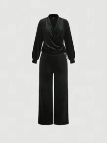 SHEIN MOD Plus Size Velvet Wrap V-Neck Straight Leg Pants Suit, 2pcs Set - Black - View 2