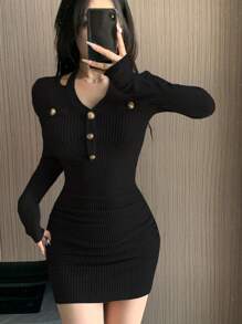 Joudiya Halter Neck Patchwork Mini Dress For Women,Fall Clothes Long Sleeve Dress - Black - View 6