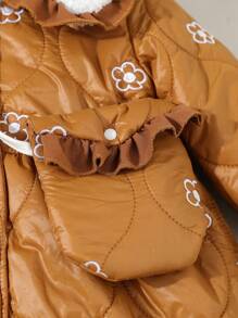 Casaco acolchoado floral patchwork gola bebê menina inverno puffer - Castanho - Ver 6