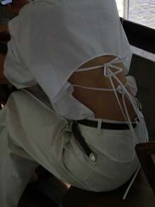 DAZY Blusa suelta con corbata atrás de estilo casual simple para mujer en otoño