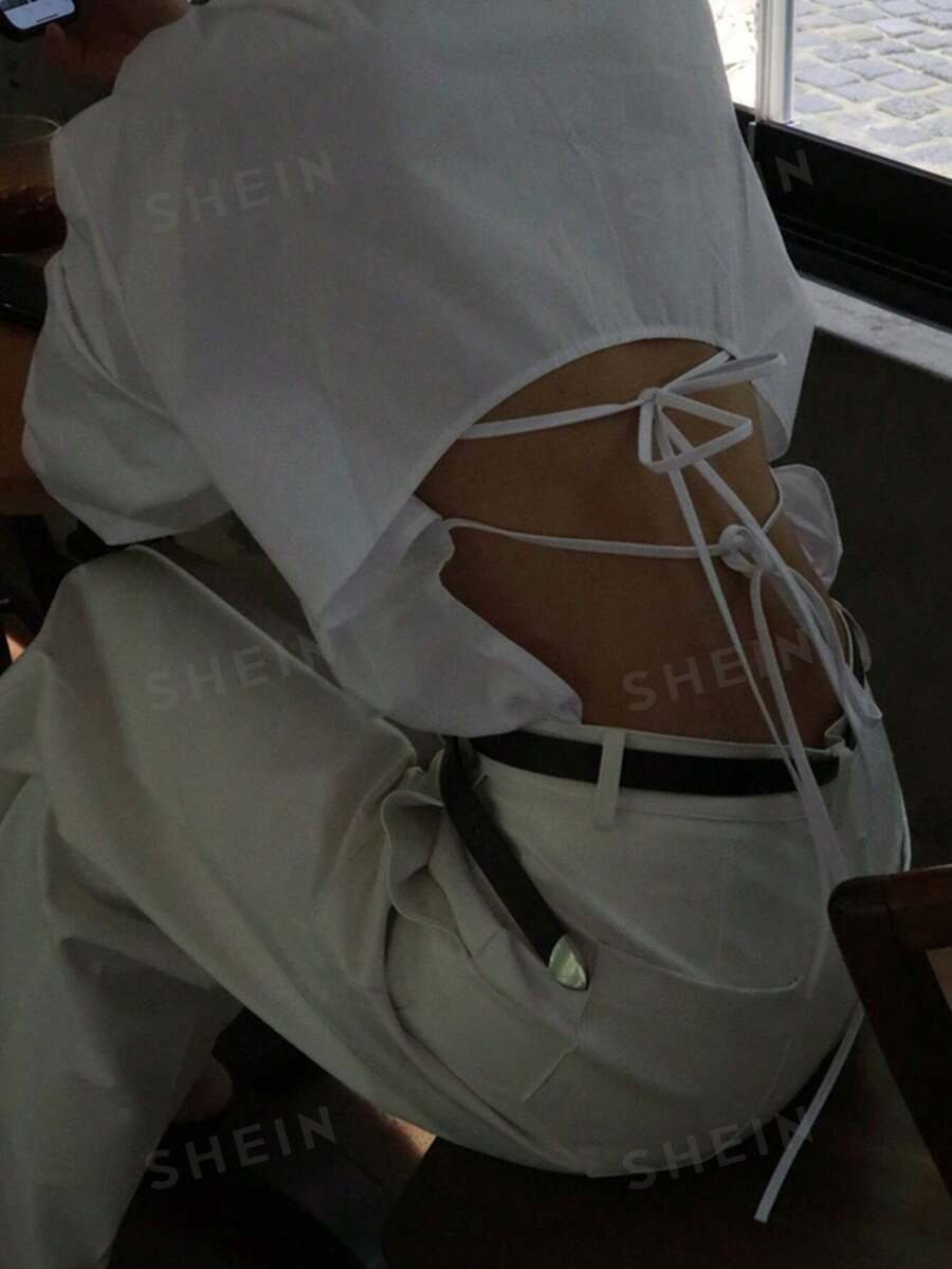 DAZY Blusa suelta con corbata atrás de estilo casual simple para mujer en otoño