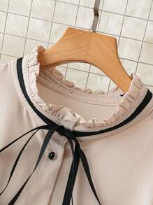 SHEIN CURVE+ Plus Size Women's Spring & Summer Frill Collar Tie Front Ruched Long Sleeve Elegant Blouse - Apricot - View 4