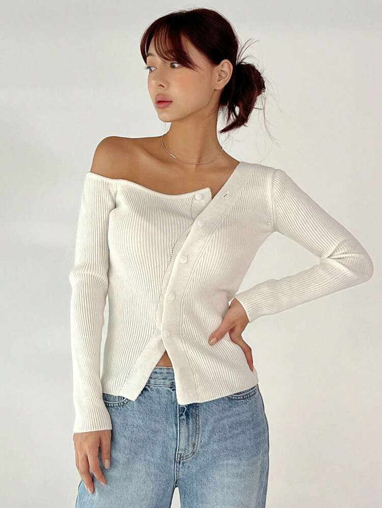 Women Solid Color Asymmetric Neck Button Exposed Shoulder Fitted Long Sleeve Cardigan,Fall Clothes