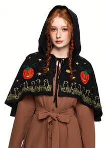 ROMWE Fairycore Giacca con cappuccio con decorazioni ricamate di Ognissanti per donne - nero - Visualizzare 6