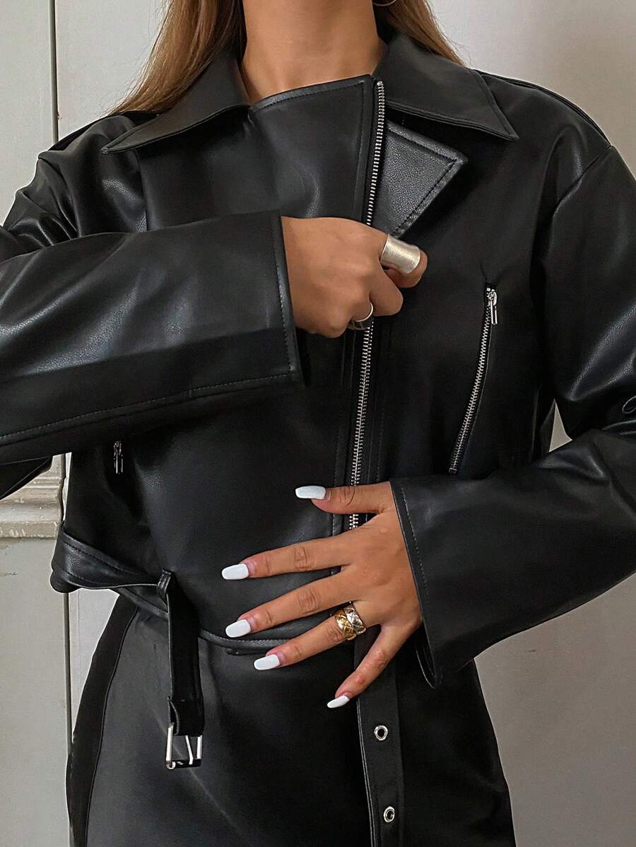 DAZY 女式宽松休闲PU皮革拉链夹克，秋季服装 - 黑色 - 查看 1