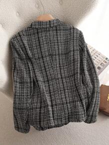 SHEIN Essnce Women's Autumn New Fashion Casual Commuting Elegant Classy Professional Thanksgiving Women Winter Costumes Goddess Costume Fall Curve Workplace Work Business Professional Pride Suit Tweed Small Fragrance Fabric Blazer - Black - View 3