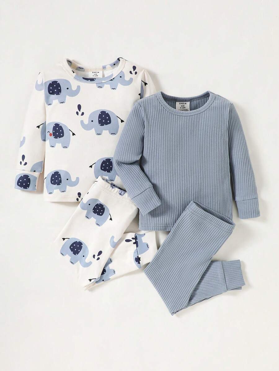 SHEIN Leap Crew 4 件装男婴紧身可爱简约大象印花长袖上衣和长裤睡衣套装，含纯色睡衣