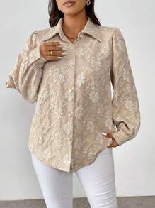Flirla Plus Size Full Print Front Button Elegant Ladies Long Sleeve Blouse Women Shirt - Apricot - View 4