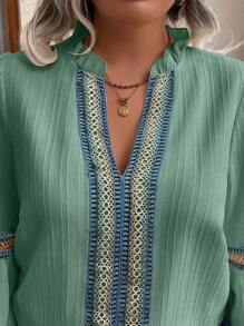 EMERY ROSE Plus Size Casual Vacation Frill Notch Neck Lantern Sleeve Contrast Lace Blouse Fall Cloth For Women - Mint Green - View 4