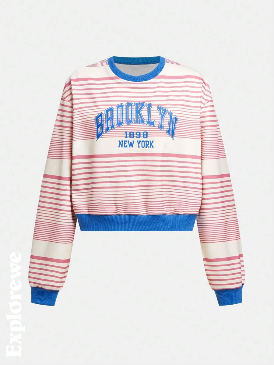 SHEIN 休闲风格女孩秋装条纹运动衫青少年长袖撞色设计适合日常搭配、城市街头风格、户外 - 紅白色 - 查看 1