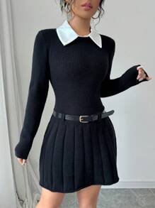 SHEIN Unity Women's Colorblock Collared Pleated Elegant Long Sleeve Sweater Dress Fall Cloth For Women - Black - View 6