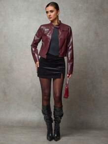 SHEIN BAE 女士夹克 勃艮第冬季女士皮革夹克 女士外套 秋季女装 拉链装饰纹理 复古勃艮第 PU 女士夹克 冬季加厚保暖夹克 短款皮夹克 - 酒紅色 - 查看 2