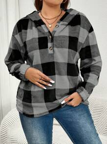 SHEIN Essnce Sudadera holgada casual con capucha a cuadros para mujer de talla grande