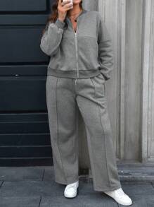 Easura 2 件大码休闲前拉链上衣和抽绳裤套装 - 深灰色 - 查看 4