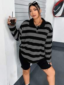 Flirla Plus Size Contrast Striped Polo Neck Long Sleeve T-Shirt Graphic Tees Women Tops For Spring Fall For Women - Multicolor - View 3